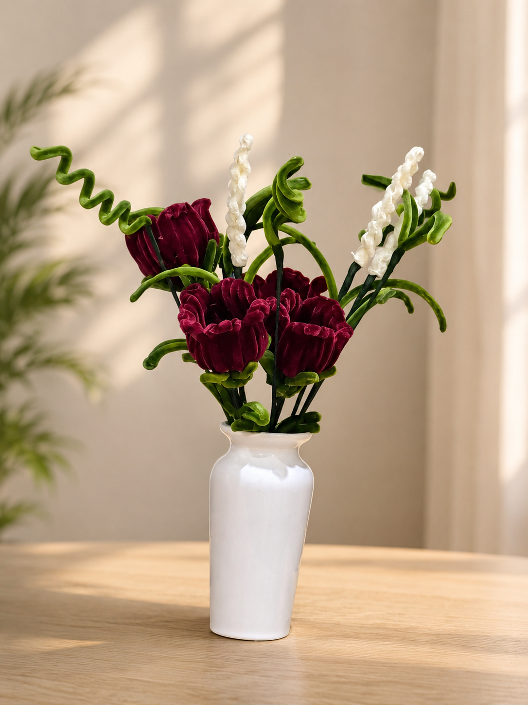 Chenille roses and lavender flowers with pot